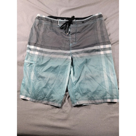 Hurley Board Shorts‎ Mens 36x10 Aqua Blue Black Geometric Check, Beach Swim Surf - Picture 1 of 5